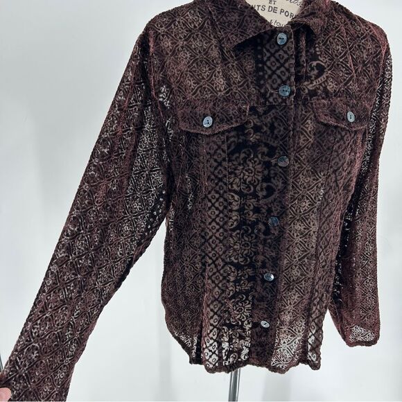 Chico's Sheer Velvet Geometric Long Sleeve Button Down Shirt Blouse Top Size 2 - Picture 4 of 10